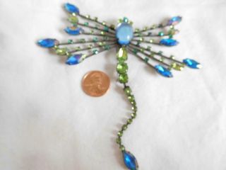Large Dragonfly Vintage Blue Green Rhinestone Brooch Pin Blackened Metal Jewelry