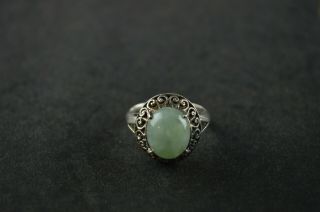 Vintage Sterling Silver Green Stone Filigree Dome Ring - 5g