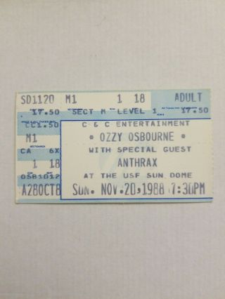 Vintage 1988 Ozzy W/anthrax Concert Ticket Stub