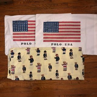 Vtg Ralph Lauren Polo Bedding Twin Polo Bear Flat Sheet,  2 Polo Usa Pillow Cases