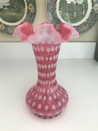 Stunning Vintage 8 " Fenton Glass Cranberry Opalescent Polka Dot Vase