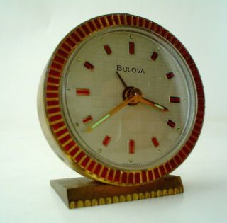 Vintage Bulova Round Brass With Red Trim Mid Century Travel Alarm Clock Germany