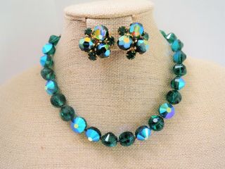 Vintage Castlecliff Aqua Blue Green Crystal Necklace & Earring Set All Pc Signed