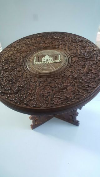 Vintage Table Anglo - Indian Sheesham Wood Carved Bone Inlay Folding Vintage India