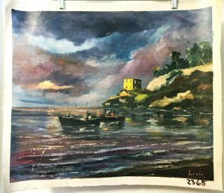 Vintage Signed Oil Painting Stormy Mediterranean Coast with Boats 24” Unframed 2