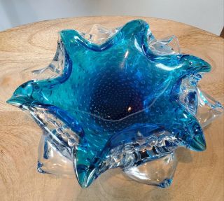 Vintage Blue Murano Art Glass Controlled Bubble Freeform Lotus Candy Dish Bowl