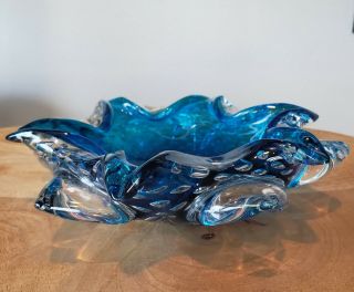 Vintage Blue Murano Art Glass Controlled Bubble Freeform Lotus Candy Dish Bowl 2