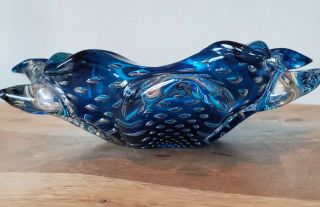 Vintage Blue Murano Art Glass Controlled Bubble Freeform Lotus Candy Dish Bowl 3