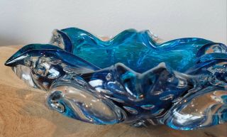 Vintage Blue Murano Art Glass Controlled Bubble Freeform Lotus Candy Dish Bowl 4