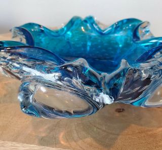 Vintage Blue Murano Art Glass Controlled Bubble Freeform Lotus Candy Dish Bowl 5
