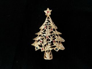 Vintage Signed View Enamel,  Christmas Xmas Tree Gold Brooch 2 1/4 "