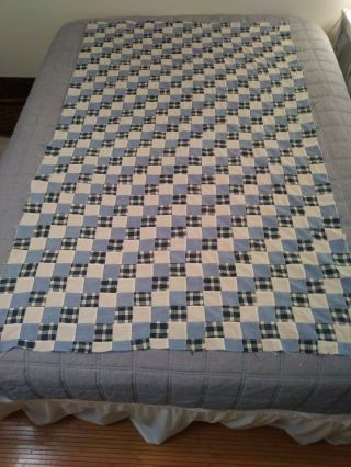 Vintage Quilt Top 43 " X 72 " Small Blue Plaid Squares Patchwork Cotton Fabric