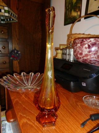 Vintage Viking Epic Glass Swung Vase Amber Ribbed Hexagon Footed Base
