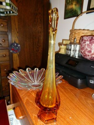 Vintage Viking Epic Glass Swung Vase Amber Ribbed Hexagon Footed Base 2