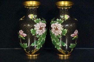 Antique Vintage Chinese Cloisonné Vases With Hand Painted Floral Decoration