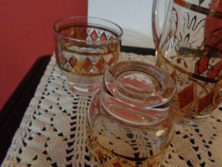 Vtg Martini / Juice Pitcher With 4 Glasses Gold Band with Red Diamonds 5