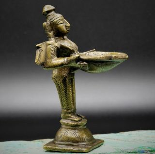 Old Vintage Ritual Temple Bronze Brass Figure Dipika Holding Large Oil Lamp Bowl