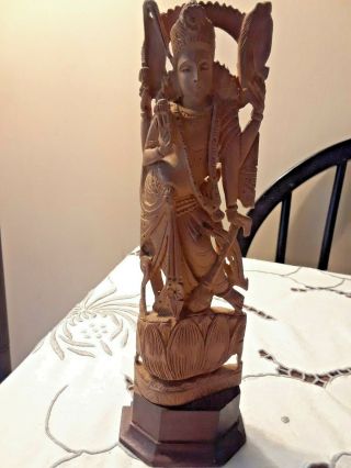 Vintage India 9 3/8 " Hand Carved Wood Art Statue Of The Hindu Goddess Lakshmi
