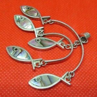 Vtg Mexico.  925 Sterling Silver And Abalone " Fishes On Line " Pendant Charm De