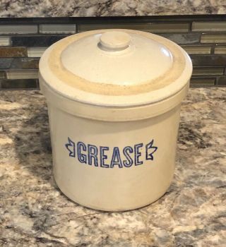 Vintage Grease Crock With Lid Stoneware Heavy 7” Tall & 6” Diameter Farmhouse