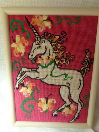 Unicorn Cross Stitch In Frame Vintage Nicely Done 9 X 12 Vintage Hand Made
