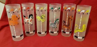 6 Vintage Libby Iced Tea Collins Glasses Frosted Carousel Circus Animal