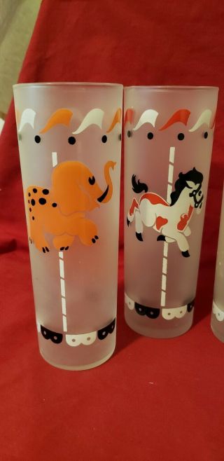 6 Vintage Libby Iced Tea Collins Glasses Frosted Carousel Circus Animal 2