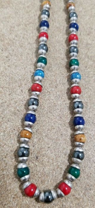 Vtg Sterling Silver 925 Multi - Color Beaded Ball Stone Necklace W/toggle - 17 1/4 "