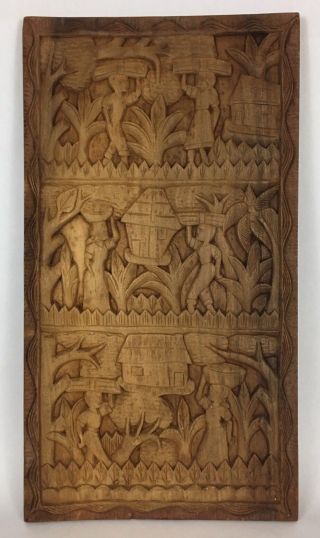 Vintage Hand Carved Wood Panel Folk Art Relief Wall Hanging 15x27 Made In Haiti
