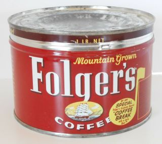 Vintage 1 Pound Folgers Coffee Can With Lid