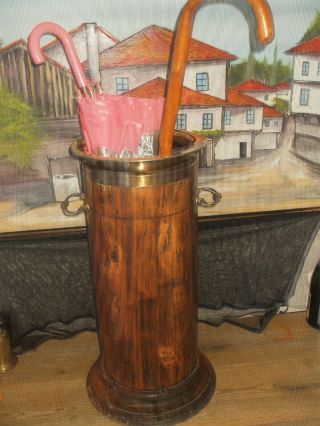 Vintage French Wooden And Brass Walking Stick Umbrella Stand Brass Handles