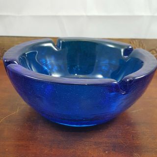 Vintage Blenko Ash Tray Cobalt Blue Art Glass Heavy Trinket Bowl