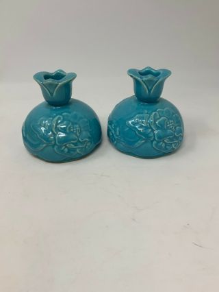 Vintage Pair Red Wing Art Pottery Blue Magnolia Pattern Candle Holders 1015