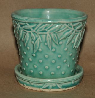 Vintage Mccoy Pottery Hobnail & Leaf Planter With Saucer Underplate 3 1/4 " Aqua