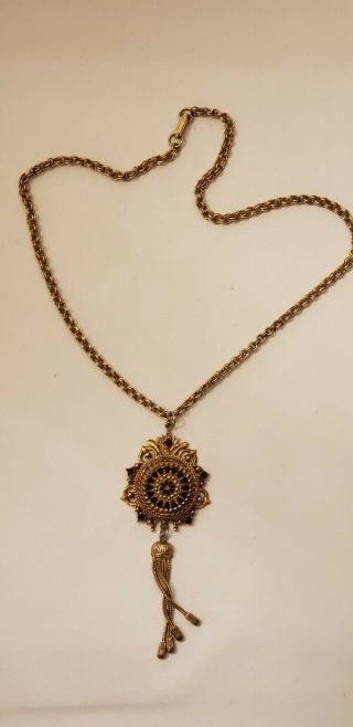 Vintage Jewelry Ljm Signed Necklace Pendant Glass Black Rhinestone Gold Tone