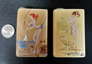 Set Of Two Vintage Porcelain Pin - Up Girl Book Shaped Alcohol Flask