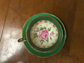 Vintage Aynsley Green Gold Trim Pink Cabbage Rose Tea Cup & Saucer C894