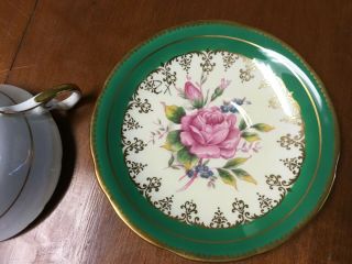 VINTAGE Aynsley Green Gold Trim Pink Cabbage Rose Tea Cup & Saucer C894 3