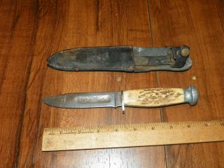 Vintage Case Hunting Fighting Knife Kabar Fixed Blade Stag Bone Handle W Sheath