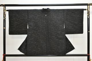 Vintage Silk Kimono Jacket:classic Black Tsunami Wave@yn95