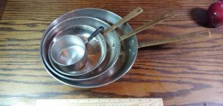 Set Of 3 Vintage Copper Base Frying Pans,  Brass Handles & Stainless Steel Int.