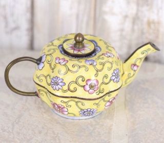 Vintage Miniature Teapot Yellow Multi Color Floral Porcelain Enamel Copper 1930s