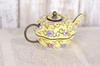 Vintage Miniature Teapot Yellow Multi Color Floral Porcelain Enamel Copper 1930s 2