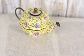 Vintage Miniature Teapot Yellow Multi Color Floral Porcelain Enamel Copper 1930s 3