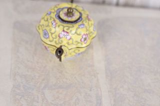 Vintage Miniature Teapot Yellow Multi Color Floral Porcelain Enamel Copper 1930s 4