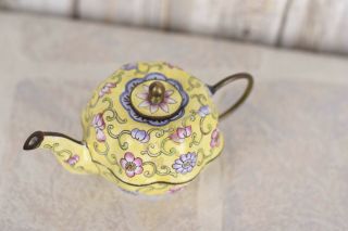 Vintage Miniature Teapot Yellow Multi Color Floral Porcelain Enamel Copper 1930s 5