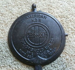 Vintage 1908 Griswold American No 8 Cast Iron Waffle Maker Top Only No Base