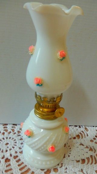 Vintage Milk Glass Hobnail W/ 3d Roses Miniature Oil Lamp Made In Japan 8 " High