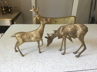 Vintage Large Mid Century Modern Solid Brass Deer Doe And Buck