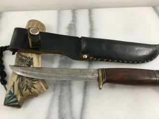 Old Vintage Erik Frost Mora Sweden Fixed Blade Hunting Knife Wood Handle Sheath